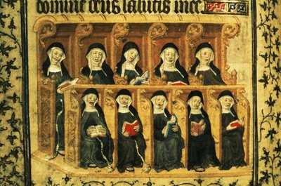 Cott Dom A XVII f.74v Suore in un coro, dal Salterio di Enrico VI, Parigi da French School
