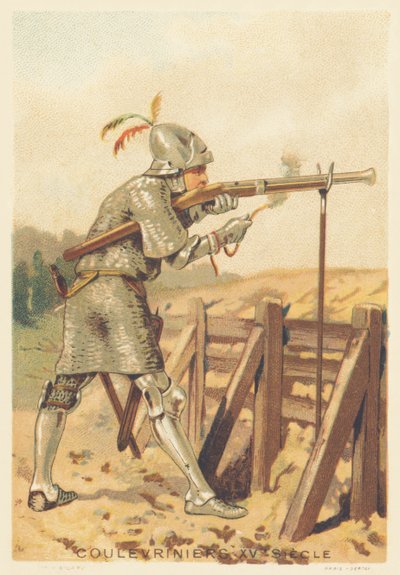 Coulevrinier nel XV secolo (Uomo di guerra, a piedi o a cavallo, arma di un serpente in mano) da French School