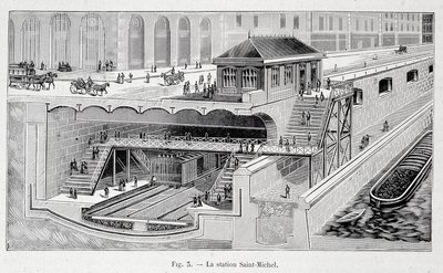 Sezione della stazione della metropolitana St Michel a Parigi in "La natura" 1899 da French School