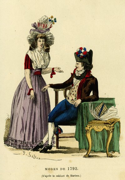 Coppia alla moda del 1792. Incisione a colori dal disegno del gabinetto di Harlem, in 