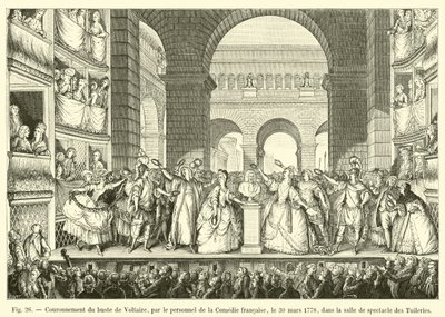 Incoronazione del busto di Voltaire, da parte del personale della Comédie-Française, il 30 marzo 1778, nella sala di spettacolo delle Tuileries da French School