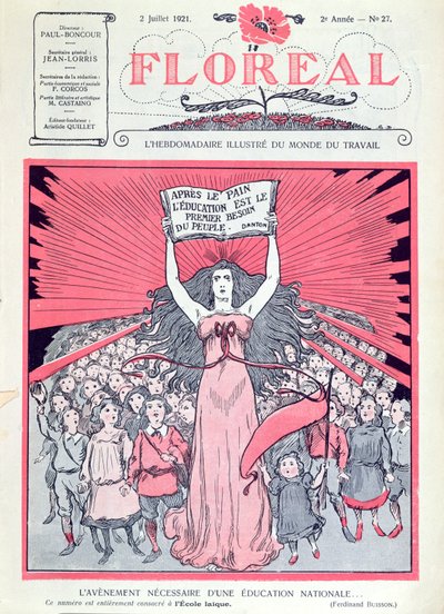 Copertina della rivista Floreal che celebra il quarantesimo anniversario delle Ecoles Laiques in Francia, 2 luglio 1921 da French School