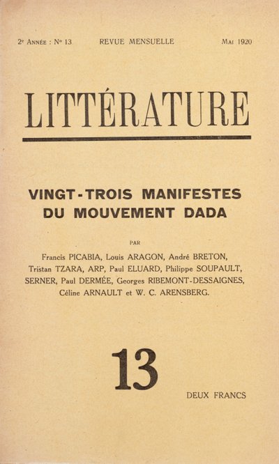 Copertina di Litterature, rivista letteraria mensile dedicata al movimento Dada, maggio 1920 da French School