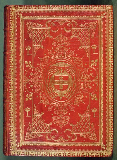 Copertina di un libro di proprietà del Cardinale Mazarin, con le finiture che mostrano le armi cardinalizie di stelle e fasci, sormontate dal galero e dalle nappe di un cardinale da French School