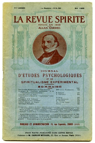 Copertina di un numero di "La revue spirite", una rivista trimestrale dedicata allo spiritismo, studi psicologici e spiritualismo sperimentale, fondata da Allan Kardec da French School