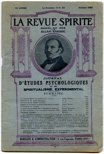 Copertina di un numero di "La revue spirite", ritratto del fondatore Allan Kardec, rivista di ottobre 1931 da French School