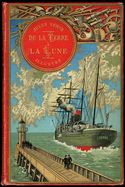 Copertina del libro "Dalla Terra alla Luna" di Jules Verne nel 1865 (Hetzel/Voyages Extraordinaires) da French School