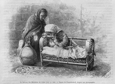 Culla per i maroniti, da La Siria di oggi. Viaggi in Fenicia, Libano e Giudea. 1875-1880 di Louis Charles Emile Lortet, 1884 (incisione in bianco e nero) da French School