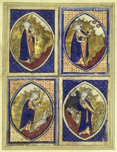 Creazione del firmamento, creazione del sole e della luna, creazione degli animali, creazione degli uccelli, fine XIII secolo da French School