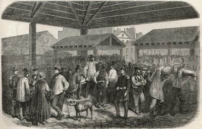 Grido della carne da macelleria al mercato di rue des Prouvaires nel I arrondissement di Parigi - Incisione in "Tableau-de-Paris" di Edmond Texier 1852 da French School