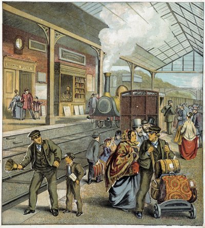 Folla sul molo di una stazione ferroviaria in Inghilterra da French School