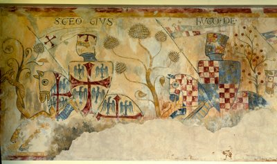 Crociera: partenza dei Cavalieri per la Crociata: rappresentazione di San Giorgio e Ugo I di Vermandois (1057-1102) (?) o Ugo XII di Lusignano (?). (dettaglio) da French School