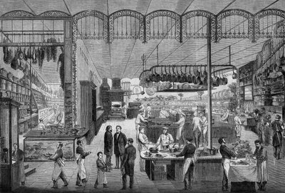 Cuochi e camerieri al lavoro nelle cucine del caffè Riche, a Parigi, nel 1866. Incisione in 