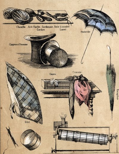 Descrizione della cultura e dei prodotti della seta: accessori e oggetti (guanti, cappelli, ombrello, gilet, setaccio, lenze da pesca, filo da cucito, corda). Tavola 