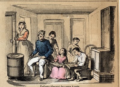 Descrizione della cultura e dei prodotti della seta: bambini che allevano bachi da seta. Tavola 