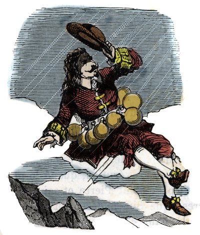 Cyrano de Bergerac sale in cielo grazie a fiale di rugiada e viaggia sulla luna, illustrazione del romanzo di Hercules Savinien Cyrano de Bergerac (1619-1655): "L