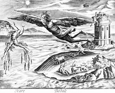 Dedalo fuggendo da Creta con suo figlio Icaro, lo vede cadere verso la morte, 1619 da French School