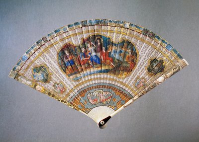 Ventaglio in stile Vernis Martin danneggiato raffigurante Davide e Abigail, pelle di capra con avorio dipinto e bastone di guardia in madreperla, altezza 21 cm da French School