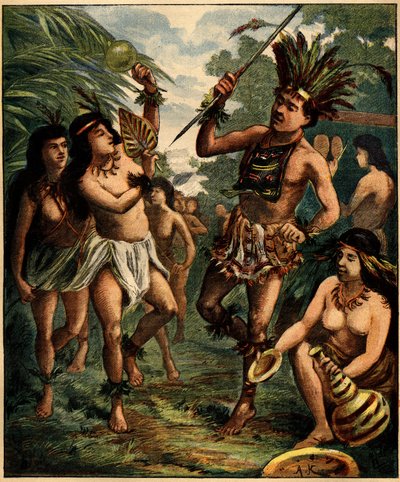 Danza degli indiani Roucouyan nei Caraibi. Incisione in 