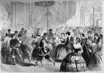 Danza: la griglia del pattinatore. I ballerini tengono un nastro il cui capo è attaccato a una pianta di maggio al centro di un cerchio. Scena al ballo dato dal Conte Walewski nel 1861. Incisione in 