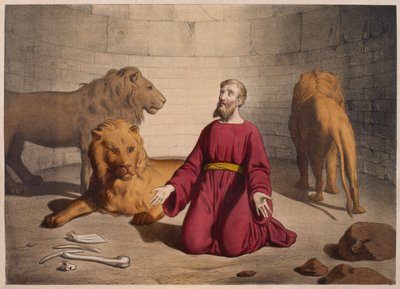 Daniele nella fossa dei leoni, illustrazione da un catechismo L