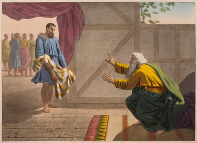 Davide mostra a Saul un pezzo dei suoi vestiti, illustrazione da un catechismo 