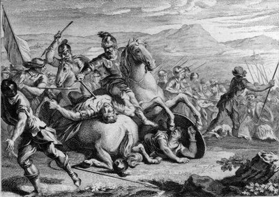 Morte di Alarico II, 507: Clodoveo I (465-511), re dei Franchi, uccide Alarico II (484-507), re dei Visigoti, nella battaglia di Vouillé nel 507. Incisione del XVIII secolo da French School