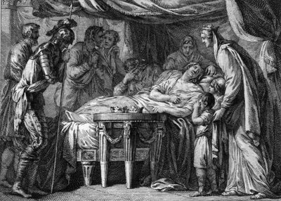 Morte di Childeberto II (570-596), re di Neustria, Orleans e Borgogna, a causa di avvelenamento. 596. Incisione del XVIII secolo da French School
