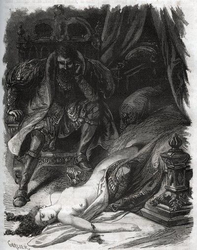 Morte di Françoise de Foix, Contessa di Chateaubriant (ca. 1495-1537), assassinata dal marito Jean de Laval Conte di Chateaubriant (Laval-Chateaubriant) (1486-1543), che così si vendicò delle infedeltà della moglie. Incisione del 1871 in "Histoire Des da French School