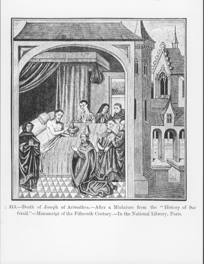 Morte di Giuseppe di Arimatea, dalla Storia del Santo Graal, illustrazione da Scienza e Letteratura nel Medioevo e nel Rinascimento, scritto e inciso da Paul Lacroix, 1878 da French School
