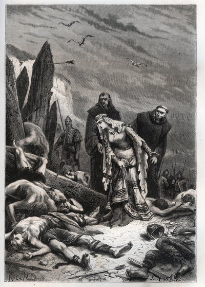Morte del re Harold II (1022-1066) nella Battaglia di Hastings nel 1066 - Edith Swannesha (Swanneck), conosciuta come Edith la Giusta (1025-1086) scopre il corpo del marito da French School