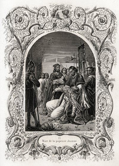 Morte di Papessa Giovanna (pontificato dal 855 al 858). Incisione per illustrare Histoire des papes di Maurice Lachatre (1814-1900), libreria del progresso, Parigi. da French School