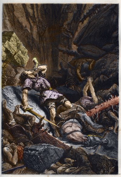 Morte del cavaliere Rolando, nipote di Carlo Magno, nella battaglia di Roncisvalle (778) contro l