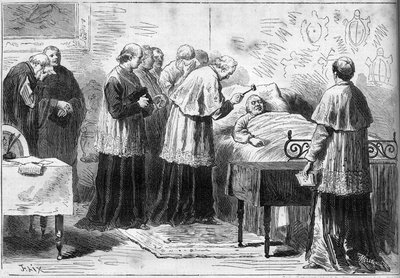 Decesso di Papa Pio IX (1792-1878): rituale del riconoscimento della morte del Papa. Un cardinale colpisce la fronte del defunto con un martello d
