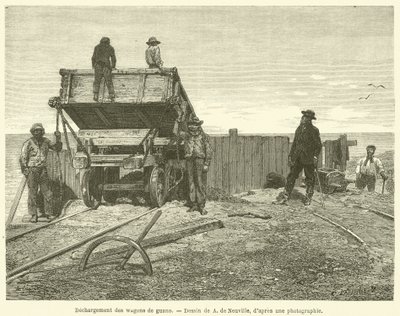Scarico dei vagoni di guano (incisione) da French School