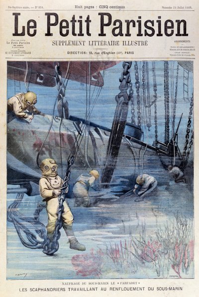 Subacquei che tentano di sollevare il Farfadet, da Le Petit Parisien, 23 luglio 1905 da French School