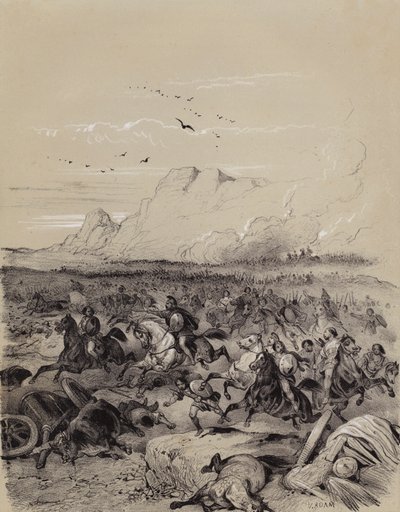 Sconfitta dei Cimbri invasori da parte del generale romano Gaio Mario nella battaglia di Vercellae, Italia da French School