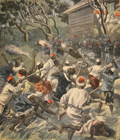 Sconfitta del popolo Sakalava, Madagascar, illustrazione da Le Petit Journal: Supplement illustre, 3 aprile 1898 da French School