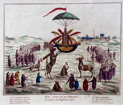 Partenza della nave satirica volante sulla macchina volante immaginata da Jean-Pierre Blanchard (1753-1809): asini, scimmie e ciechi guardano la strana macchina dotata di sei ali e un timone. Incisione della fine del XVIII secolo. Parigi, Museo Carnavalet da French School