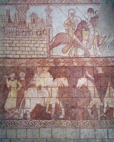 Partenza dei cavalieri templari crociati nel 1163 dal loro castello siriano di Krak des Chevaliers per la battaglia di Boquée da French School