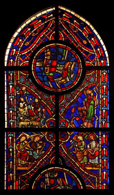 Parte di una finestra della chiesa di Varennes-Jarcy; scene includono l