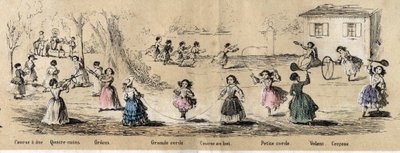 Descrizione dei passatempi e giochi dei bambini: giochi delle bambine, gioco dei quattro angoli, salto della corda, corsa per il traguardo, cerchio e volante. Tavola "I giochi dell
