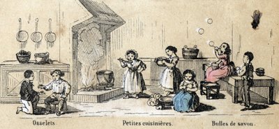 Descrizione dei passatempi e giochi dei bambini: giochi da interno, ossicini, bambine che giocano a fare le cuoche e bolle di sapone. Tavola 