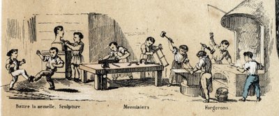 Descrizione dei passatempi e giochi dei bambini: apprendimento dei mestieri degli adulti (scultore, fabbro e falegname) da parte dei bambini. Tavola "I giochi dell
