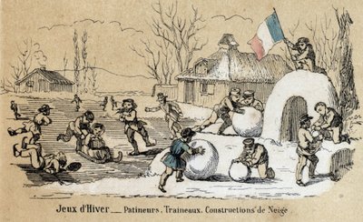Descrizione dei passatempi e giochi dei bambini: giochi invernali, pattinaggio, slittino e costruzioni di neve. Tavola 