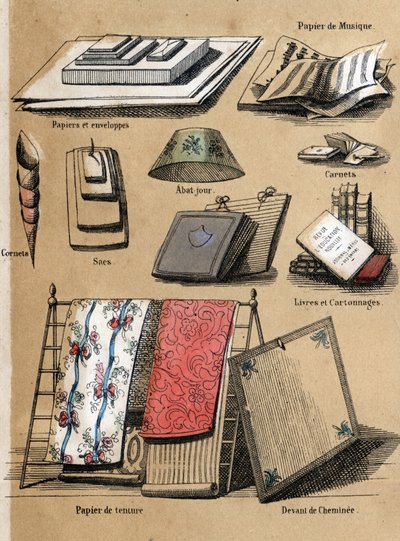 Descrizione dei diversi prodotti e usi della carta: diversi oggetti fatti di carta (buste, spartiti, borse, paralumi, quaderni e libri, carta da parati. Tavola "La carta e i suoi prodotti" in "Les Recreations instructives". Dipinto sinottico di Jules Delbr da French School