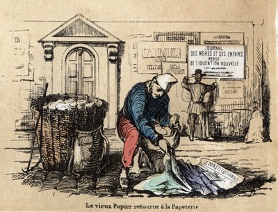 Descrizione dei diversi prodotti e usi della carta: la raccolta di vecchia carta per diventare di nuovo straccio. Tavola "La carta e i suoi prodotti" in "Le ricreazioni istruttive". Dipinto sinottico di Jules Delbruck, incisione del 1860. da French School