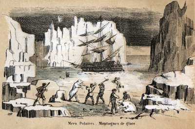 Descrizione dei diversi tipi di paesaggi e rilievi secondo la geografia: dettaglio raffigurante un paesaggio artico con orsi polari e iceberg. Tavola "Geografia fisica" in "Le ricreazioni istruttive". Dipinto sinottico di Jules Delbruck. da French School