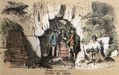 Descrizione dei diversi tipi di paesaggi e rilievi secondo la geografia: dettaglio raffigurante visitatori nella grotta del cane. Tavola "Geografia fisica" in "Le ricreazioni istruttive". Dipinto sinottico di Jules Delbruck, incisione del 1860. da French School
