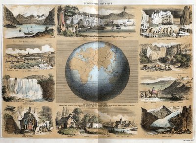 Descrizione dei diversi tipi di paesaggi e rilievi a seconda della geografia: al centro la Terra o globo con indicazioni di mari e oceani, continenti, isole, catene montuose, golfi, capi, stretti e istmi. Vista del Lago di Ginevra da French School